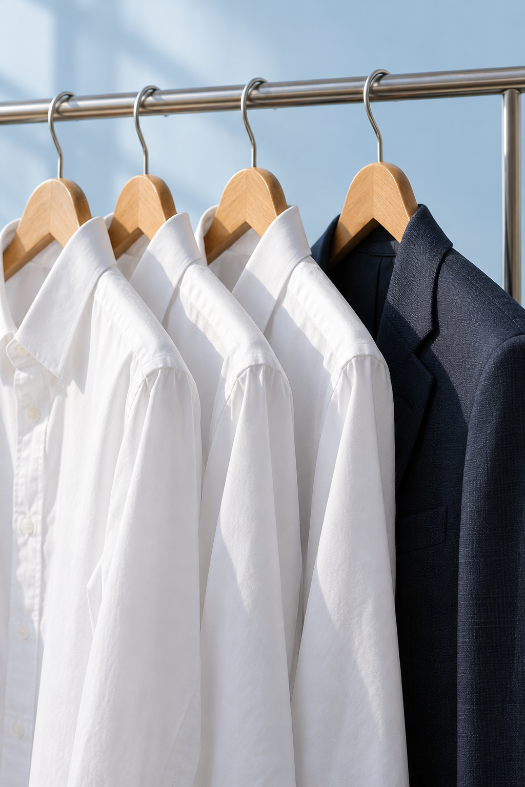 Illustrative pressed shirts and a navy jacket on a garment rail